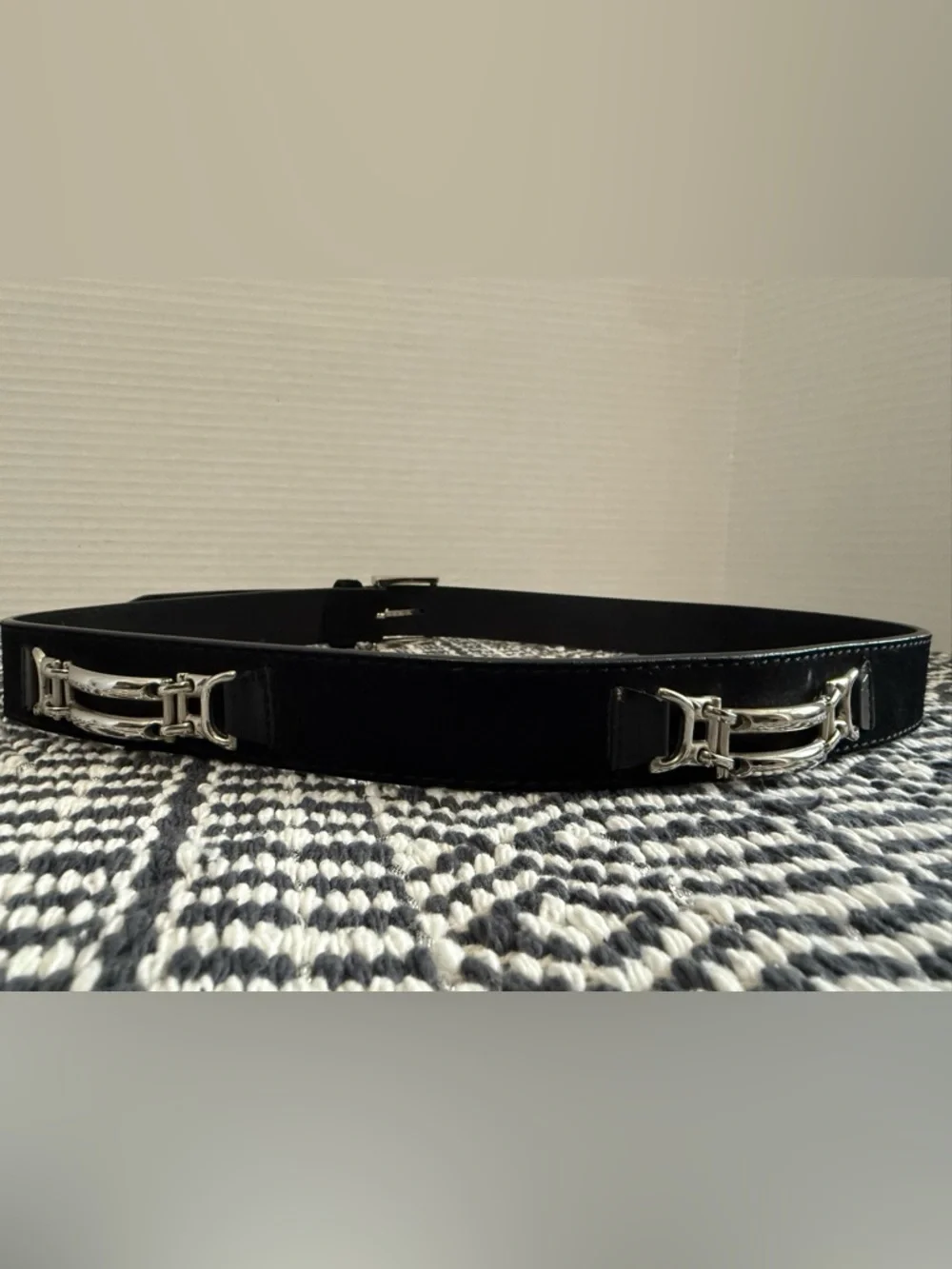STACY ADAMS Black Grain Leather Belt with Silver Buckle Chain Accent